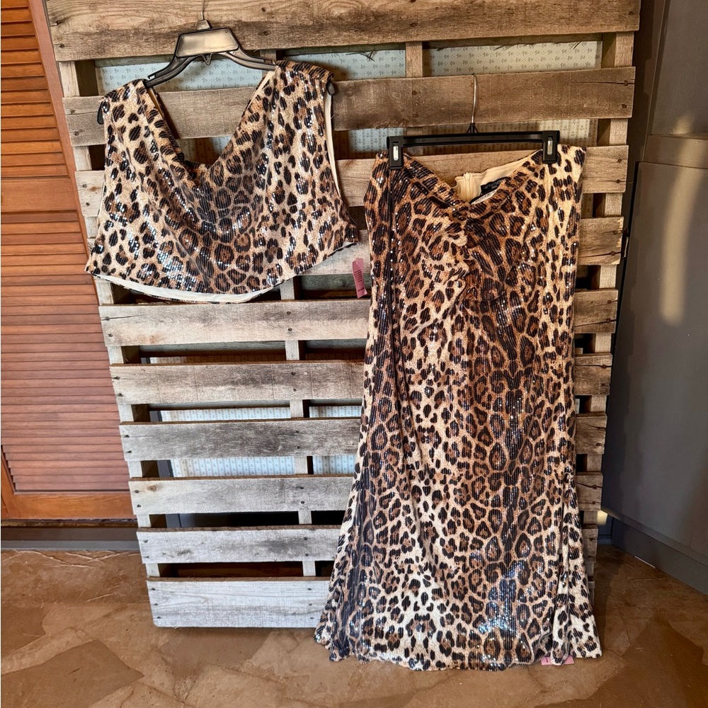 PrettyLittleThing Sequin Leopard Print Top and Skirt Set